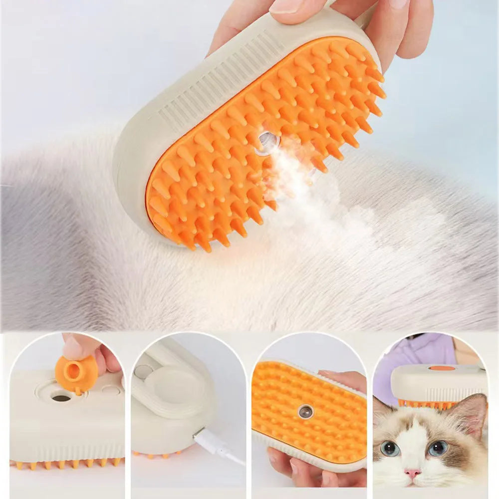 3-in-1 Electric Pet Grooming Brush with Steam Spray – Cat and Dog Hair Removal, Massage, and Grooming Comb with 360° Rotating Handle